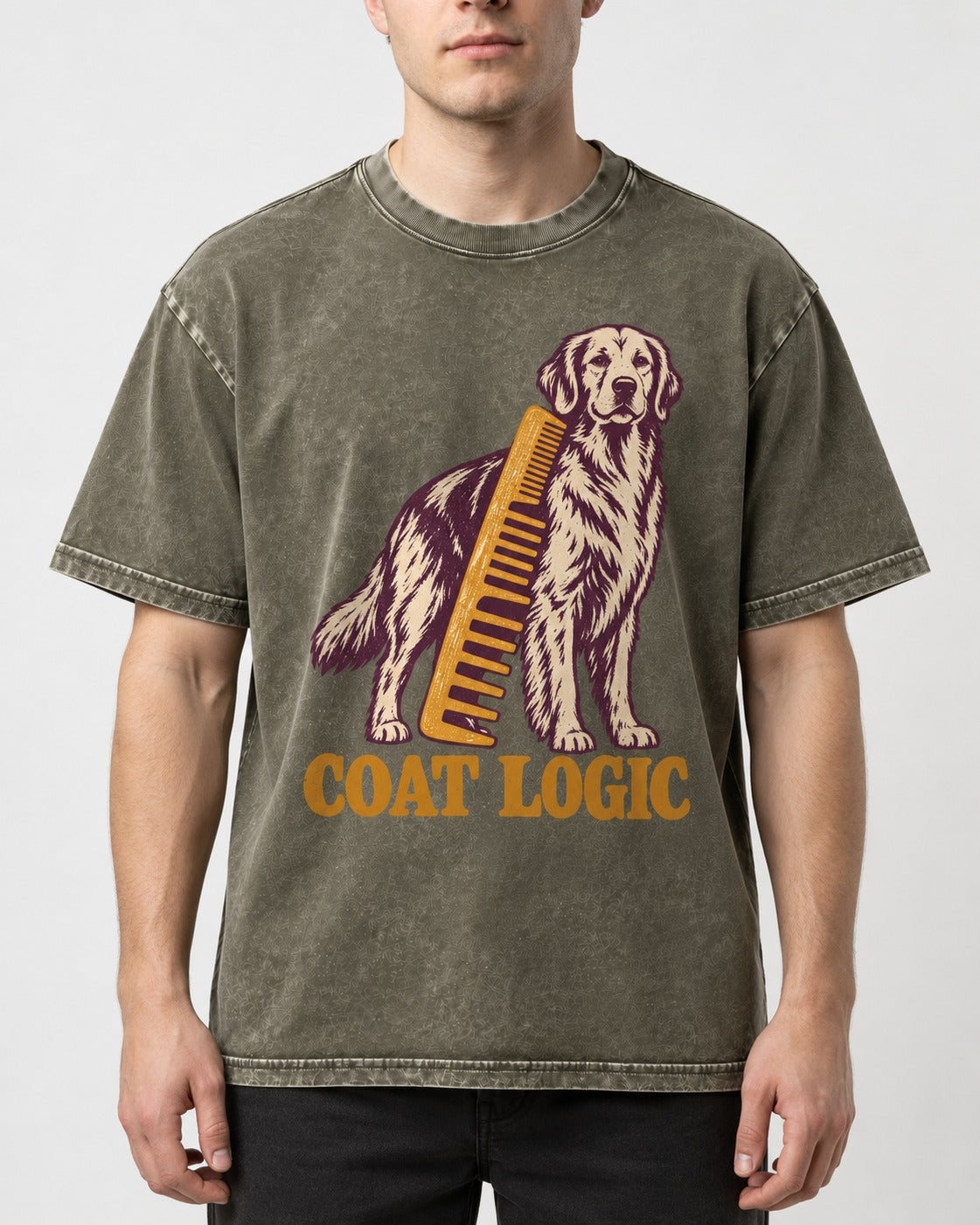 Golden Retriever Coat Logic Grooming Gauge Graphic Washed Tee in Army Green, worn by a model, front view
