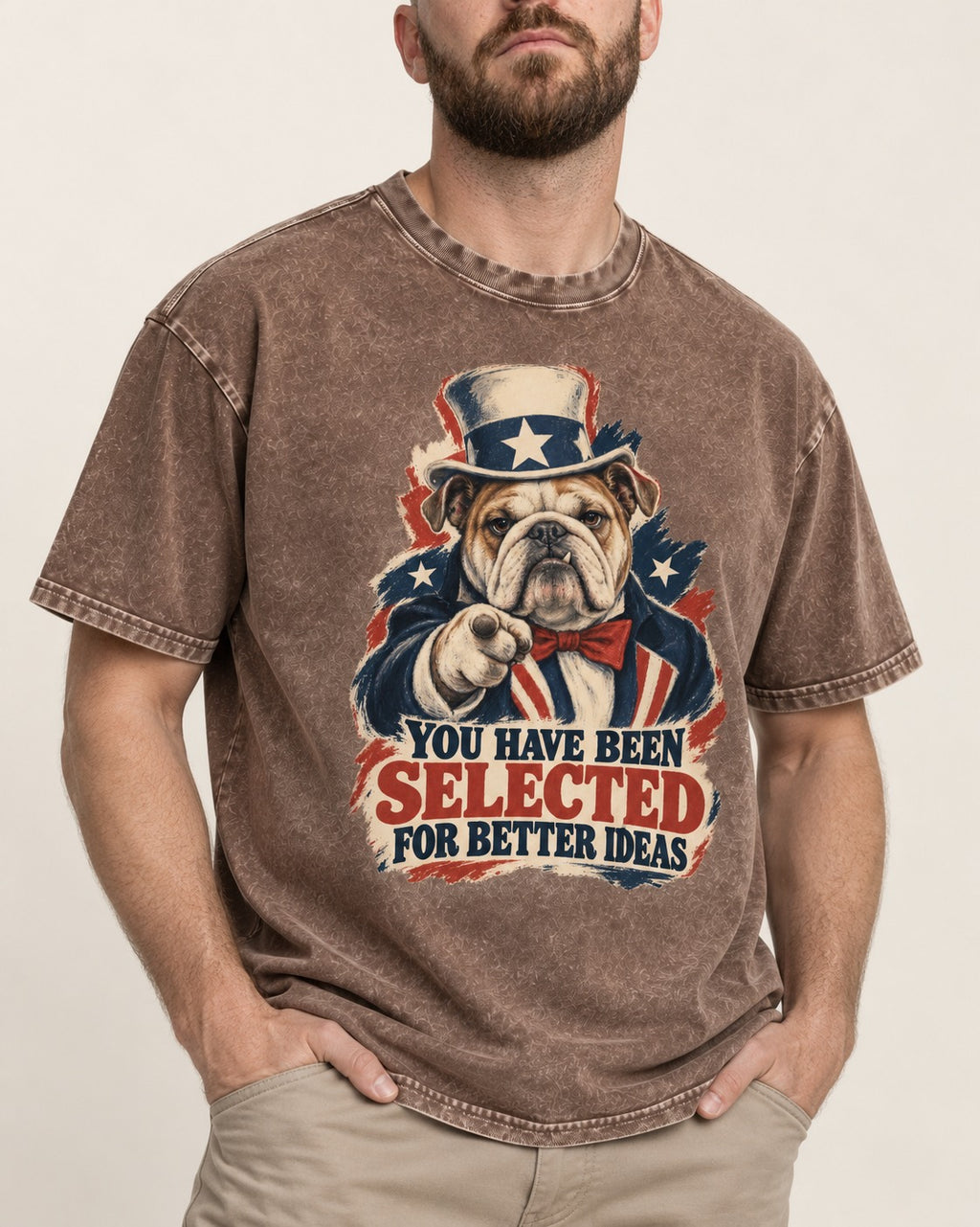 English Bulldog Selected for Better Ideas Washed Tee in Coffee, worn by a model, front view