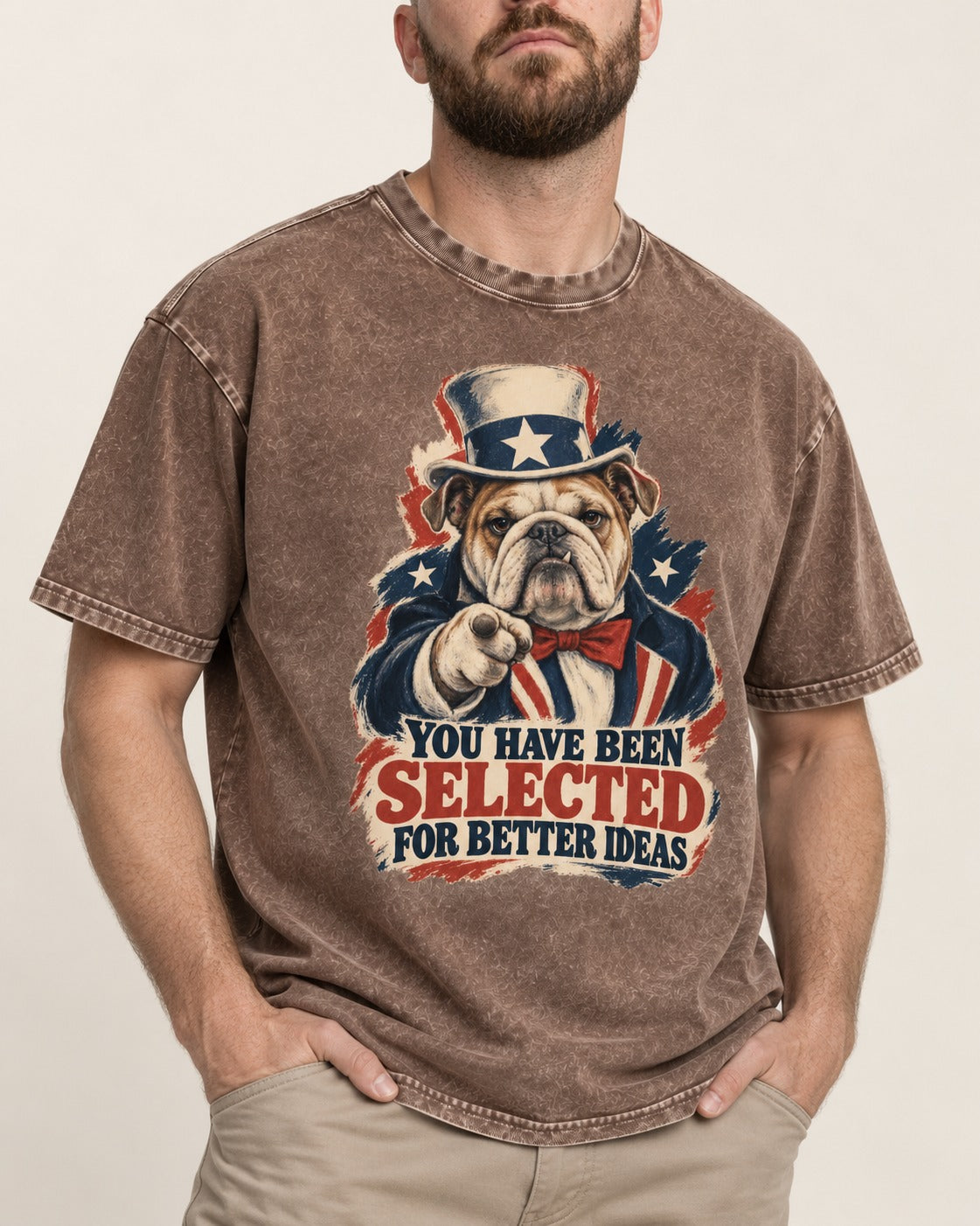 English Bulldog Selected for Better Ideas Washed Tee in Coffee, worn by a model, front view