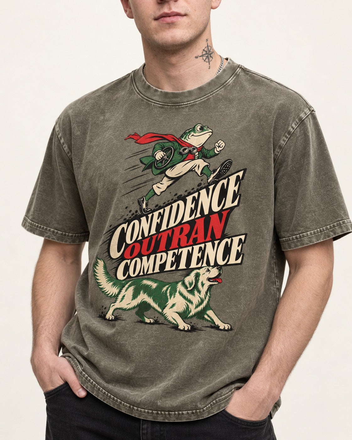 Golden Retriever Confidence Outran Competence Racing Graphic Washed Tee in Army Green, worn by a model, front view