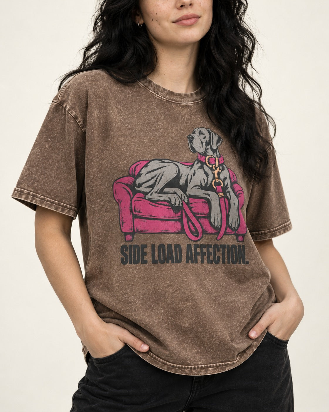 Great Dane Side Load Affection Washed Tee in Coffee, worn by a model, front view