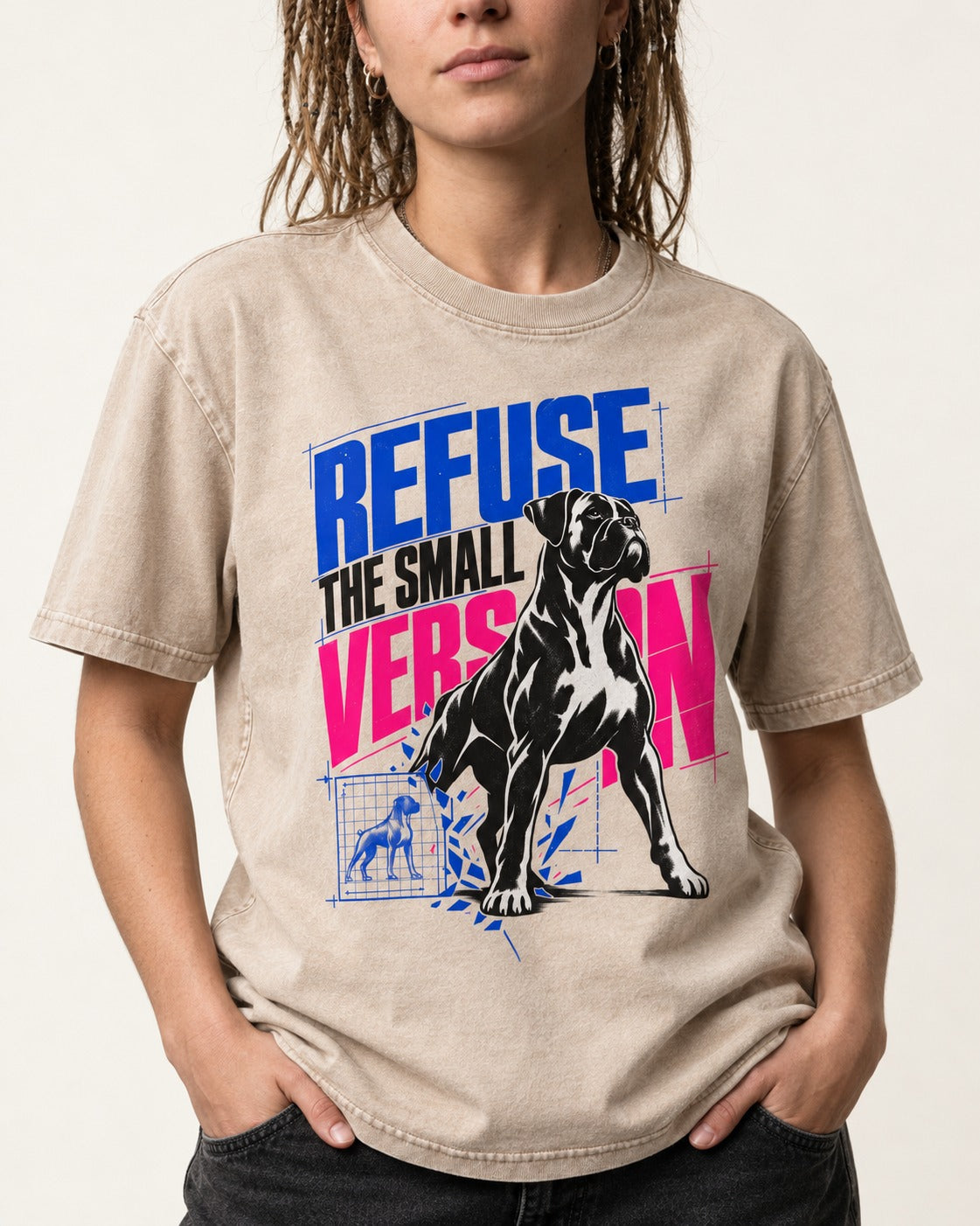 Boxer Refuse the Small Version Washed Tee in Apricot, worn by a model, front view