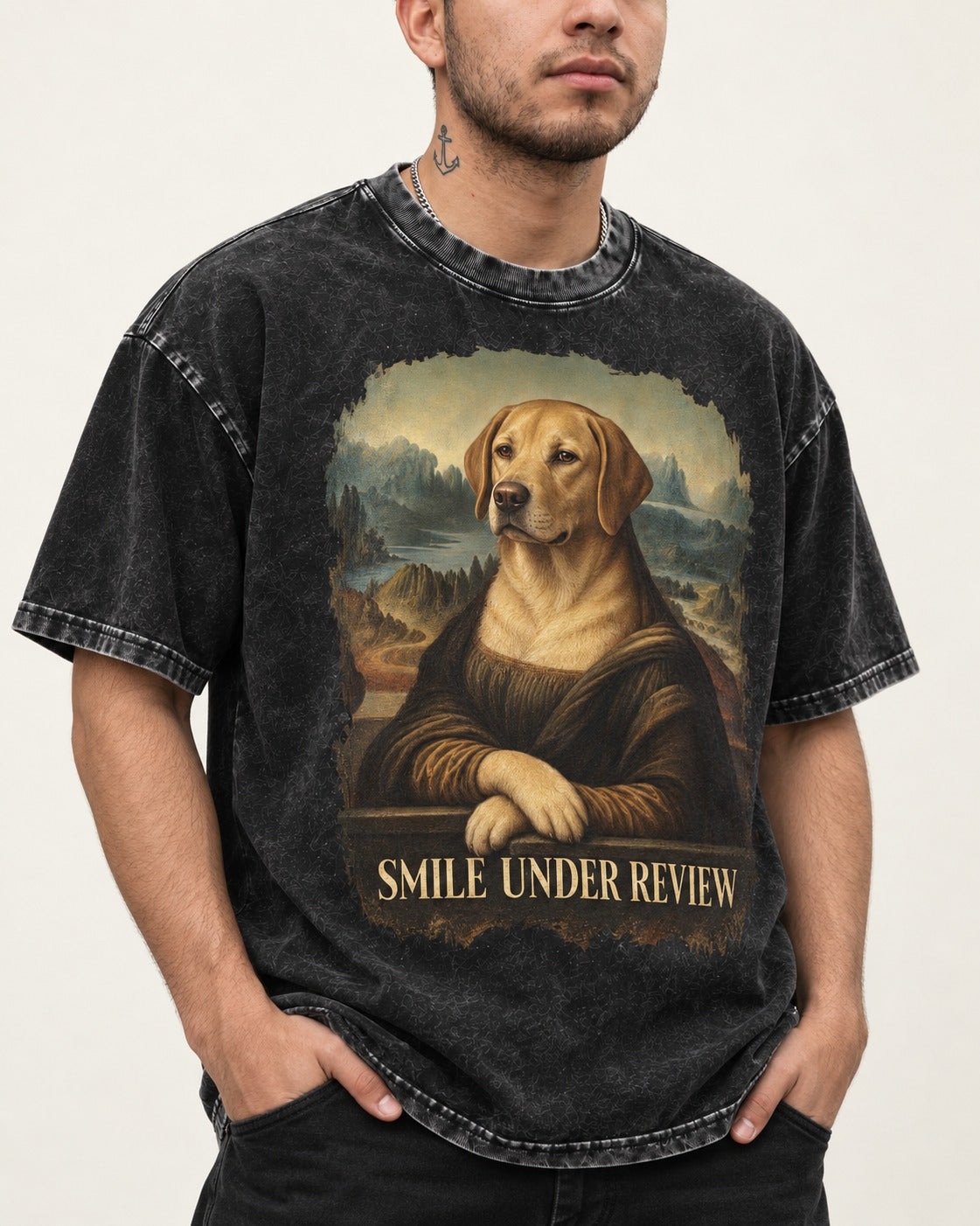 Labrador Retriever Smile Under Review Mona Lisa Graphic Washed Tee in Black, worn by a model, front view
