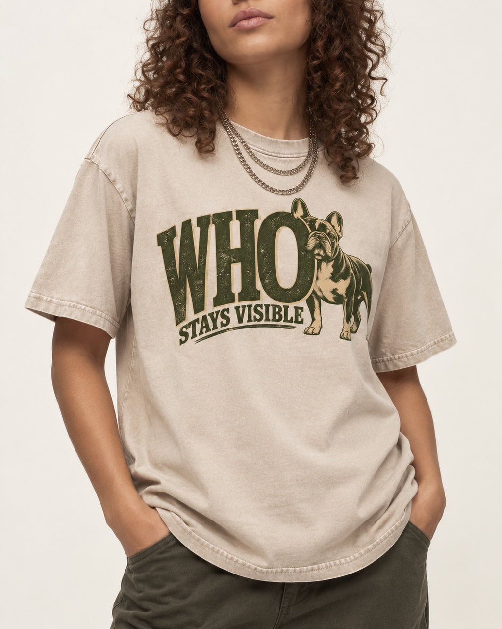 Frenchie Stays Visible Washed Tee in Apricot, worn by a model, front view