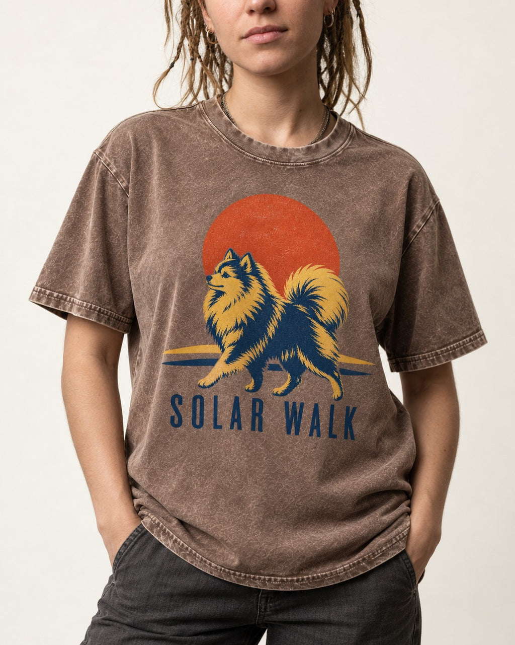 Pomeranian Solar Walk Washed Tee in Coffee, worn by a model, front view