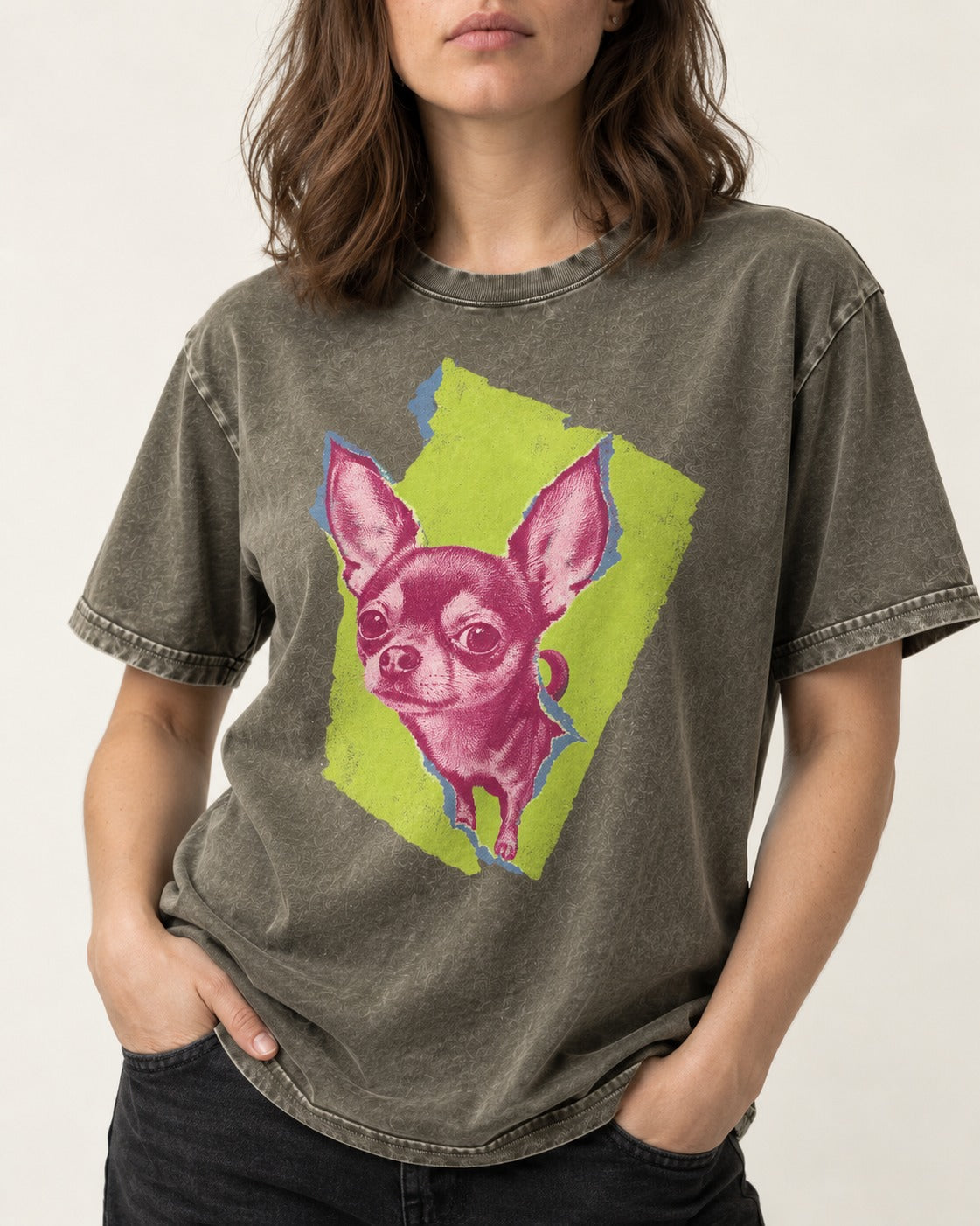 Torn-Paper Chihuahua Portrait Washed Tee in Army Green, worn by a model, front view