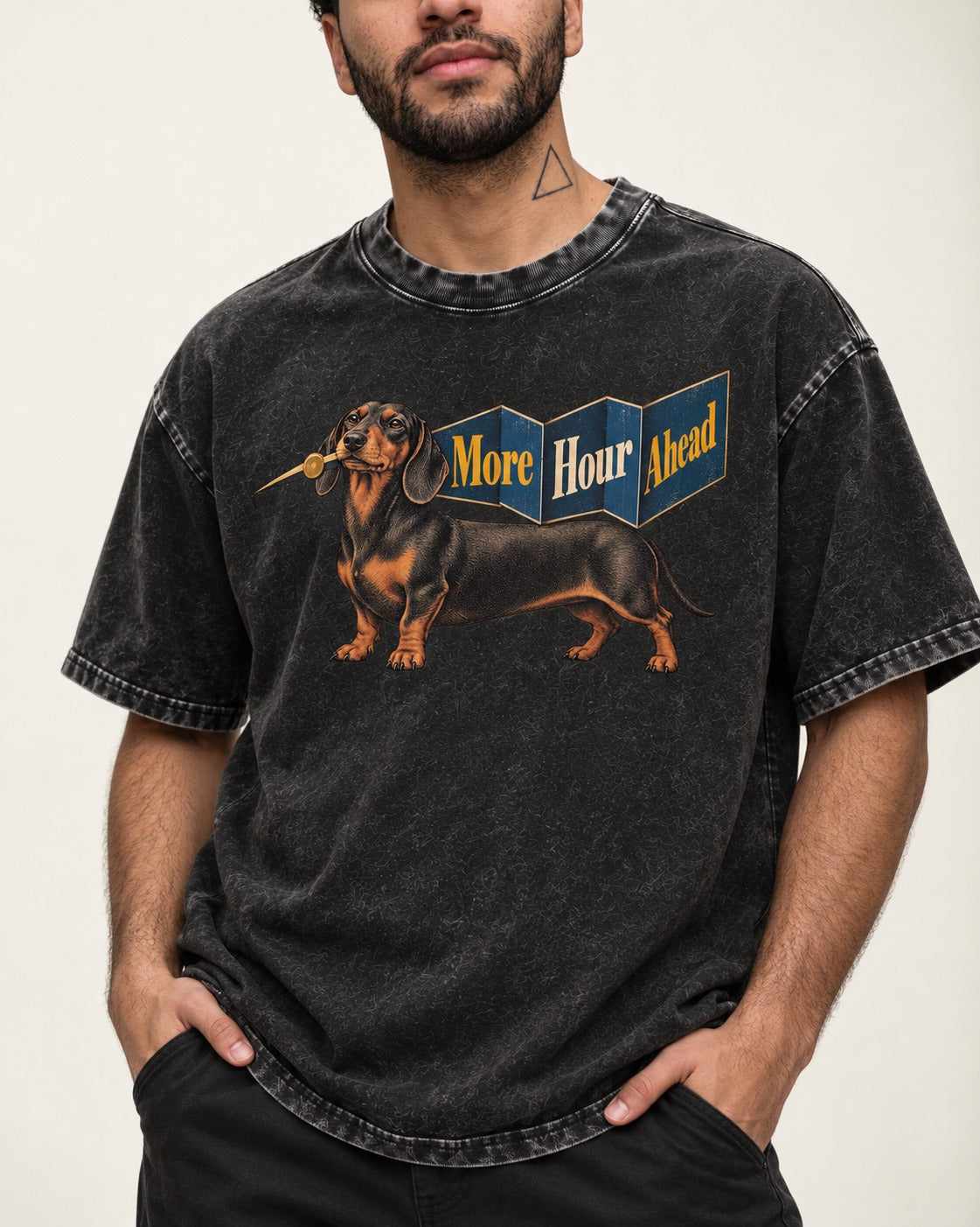 Dachshund More Hour Ahead Foldout Banner Graphic Washed Tee in Black, worn by a model, front view