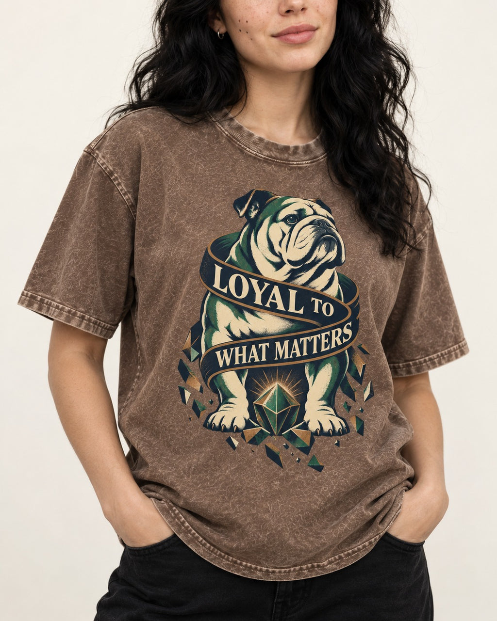 Loyal to What Matters English Bulldog Washed Tee in Coffee, worn by a model, front view
