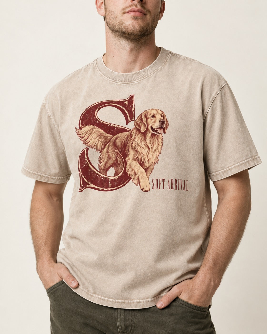 Soft Arrival Golden Retriever Washed Tee in Apricot, worn by a model, front view