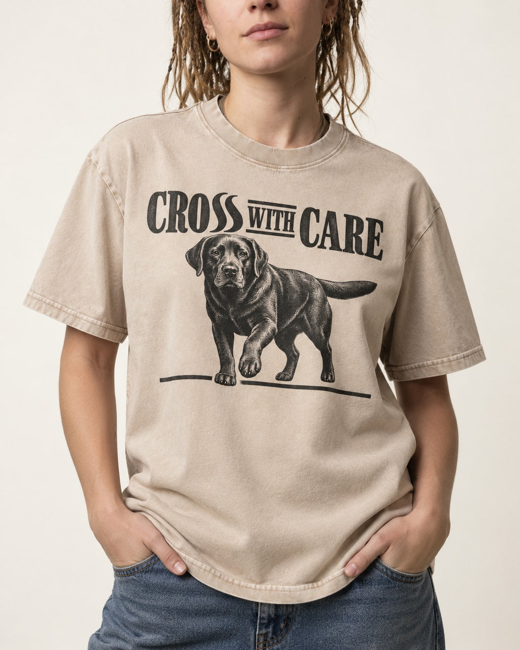Labrador Retriever Cross with Care Washed Tee in Apricot, worn by a model, front view