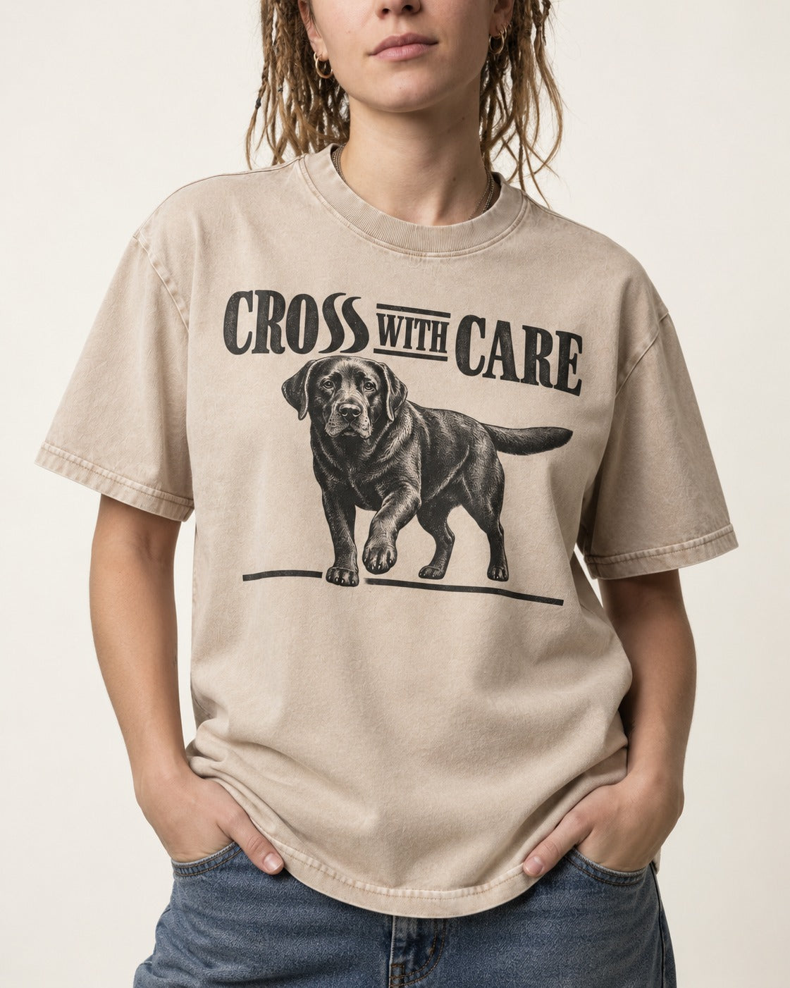 Labrador Retriever Cross with Care Washed Tee in Apricot, worn by a model, front view