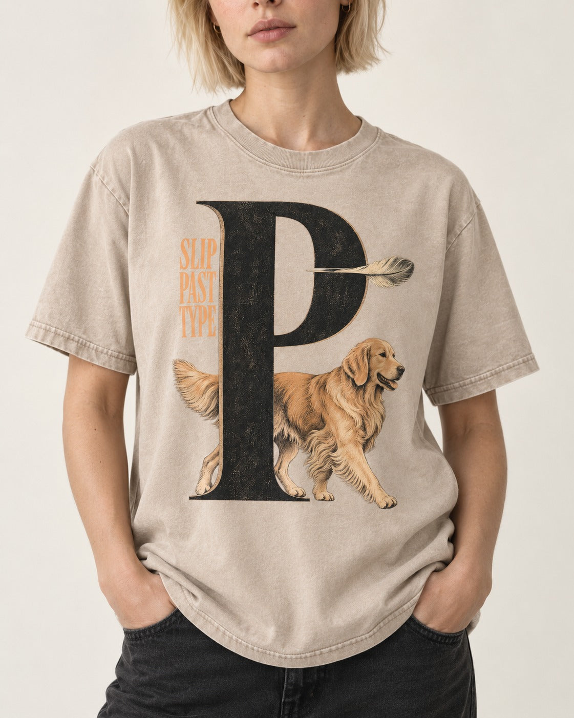 Golden Retriever Slip Past Type Washed Tee in Apricot, worn by a model, front view