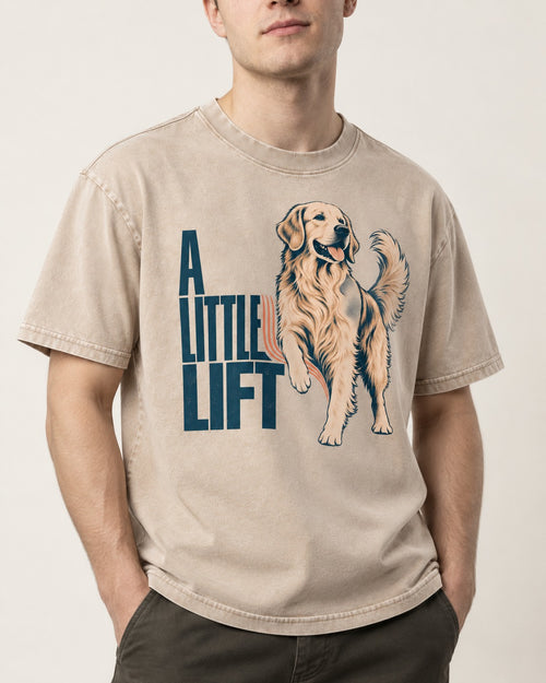 A Little Lift Golden Retriever Washed Tee in Apricot, worn by a model, front view