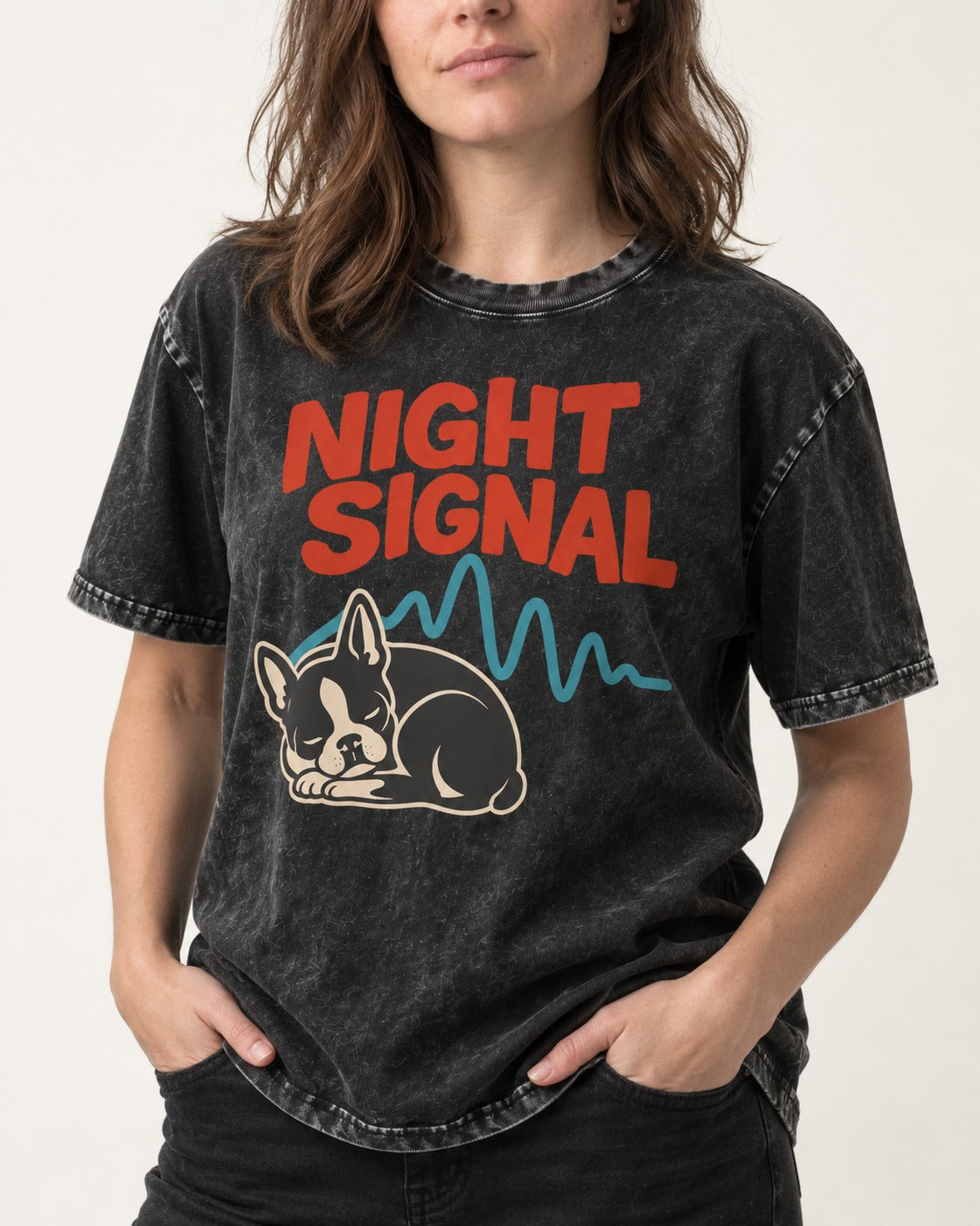 Boston Terrier Sleeping Night Signal Washed Tee in Black, worn by a model, front view