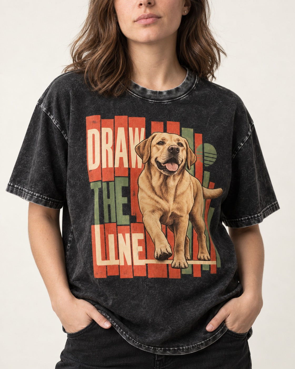 Labrador Retriever Draw the Line Stepping Graphic Washed Tee in Black, worn by a model, front view
