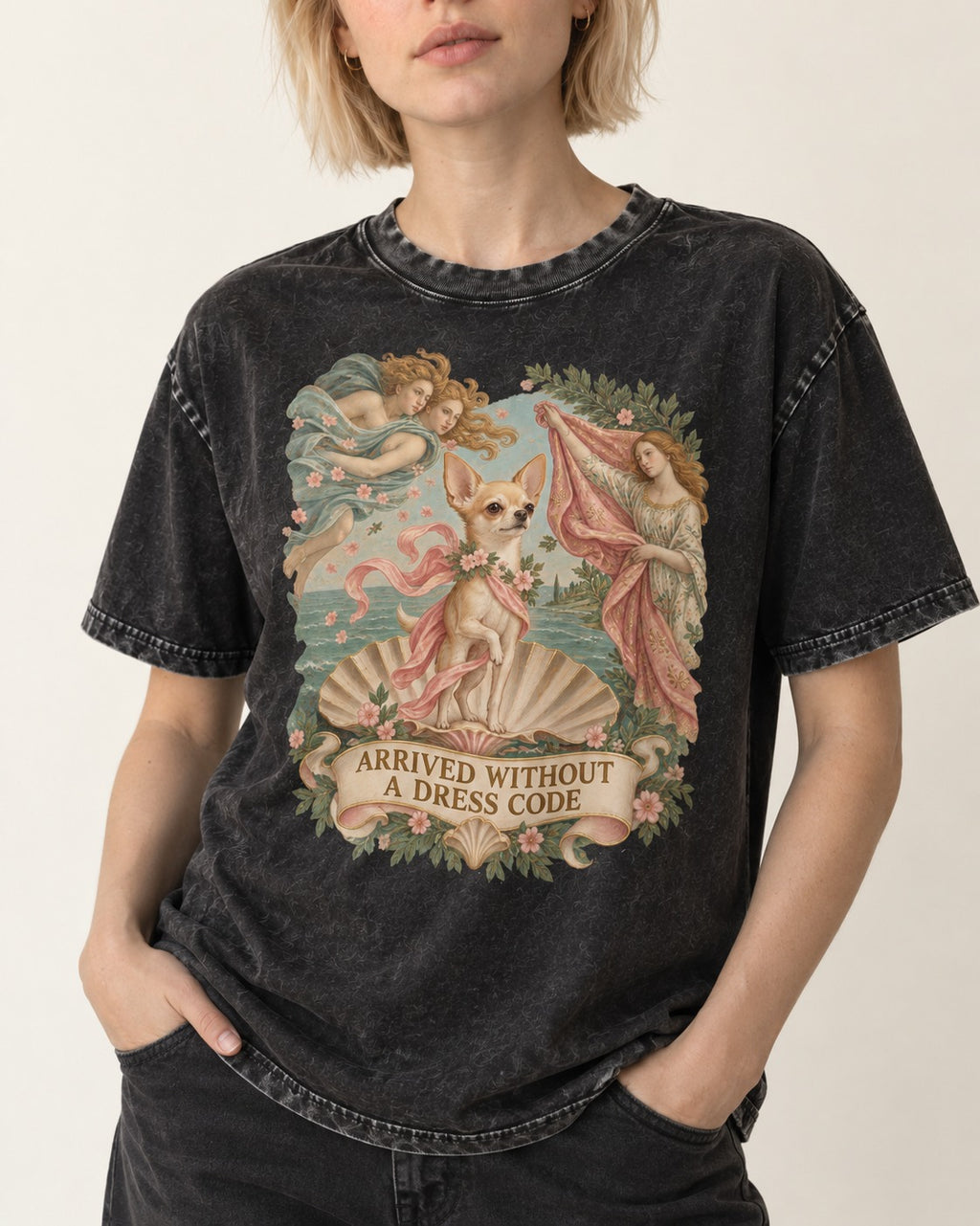 Chihuahua Arrived Without a Dress Code Classical Shell Scene Washed Tee in Black, worn by a model, front view