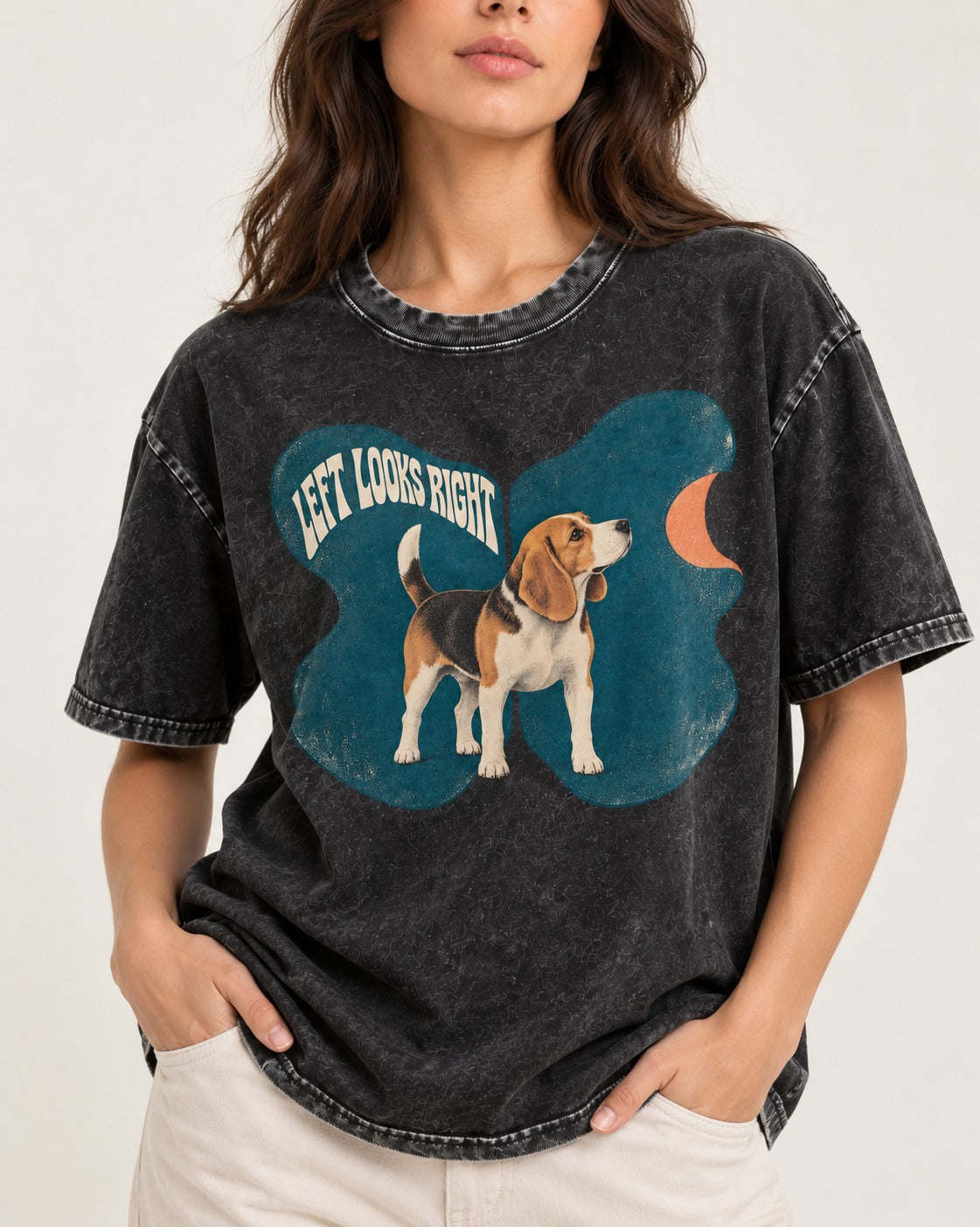 Left Looks Right Beagle Abstract Shapes Washed Tee in Black, worn by a model, front view