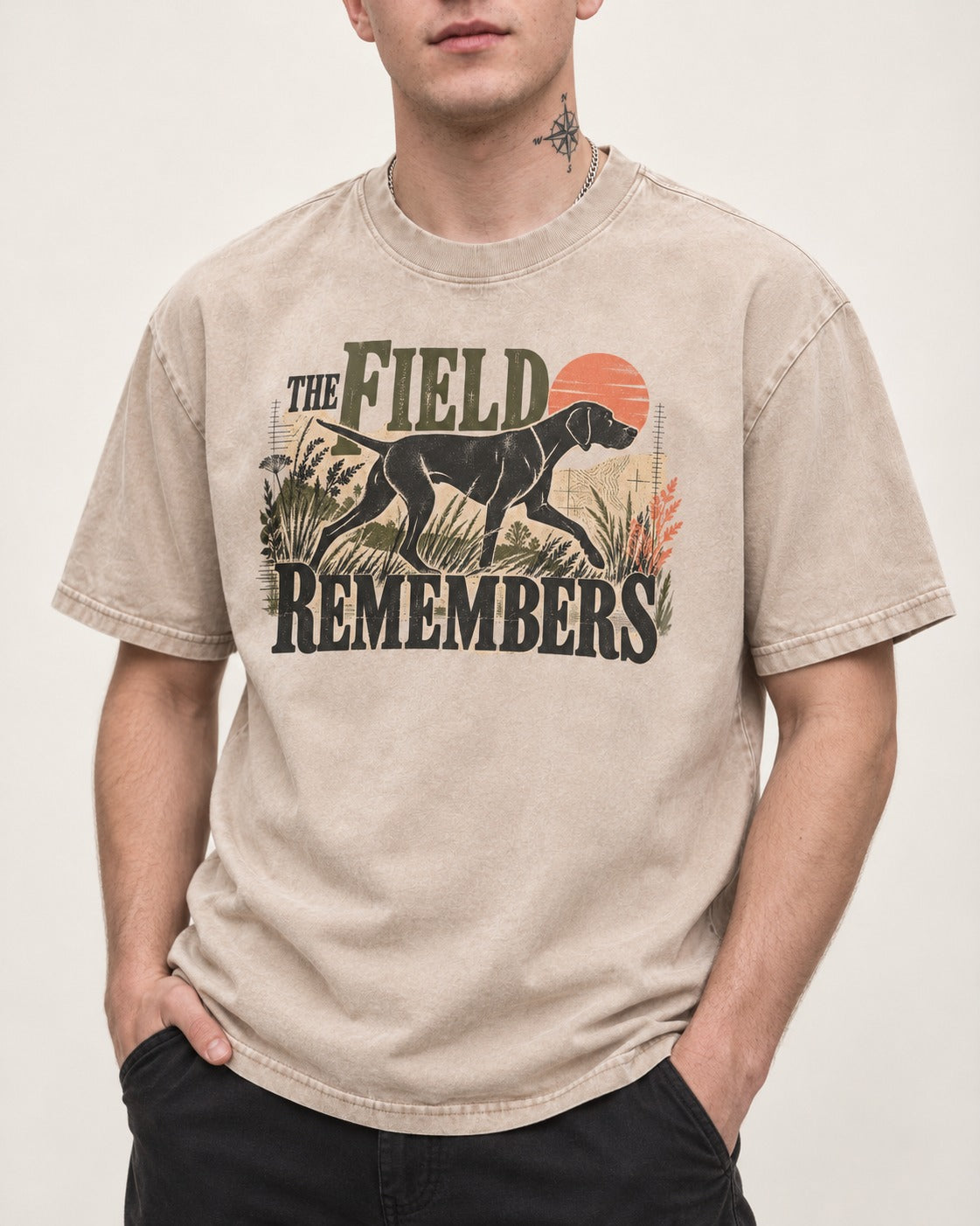 The Field Remembers German Shorthaired Pointer Washed Tee in Apricot, worn by a model, front view