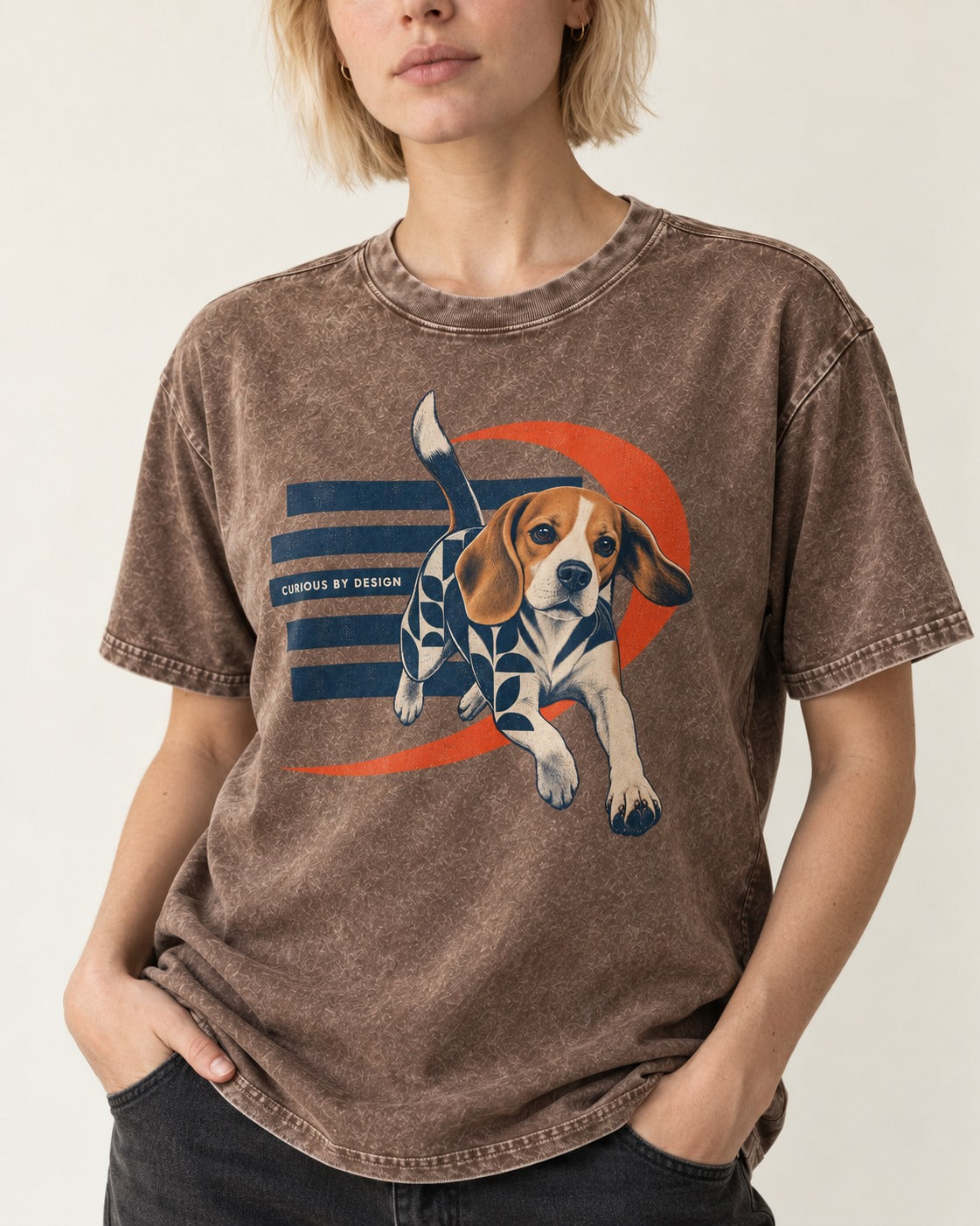 Beagle Born Curious Washed Tee in Coffee, worn by a model, front view