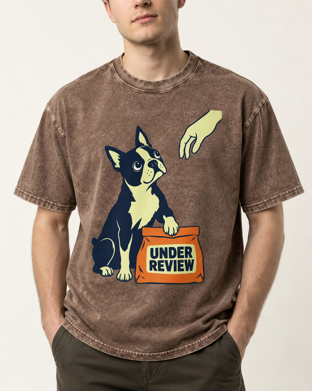 Boston Terrier Under Review Washed Tee in Coffee, worn by a model, front view