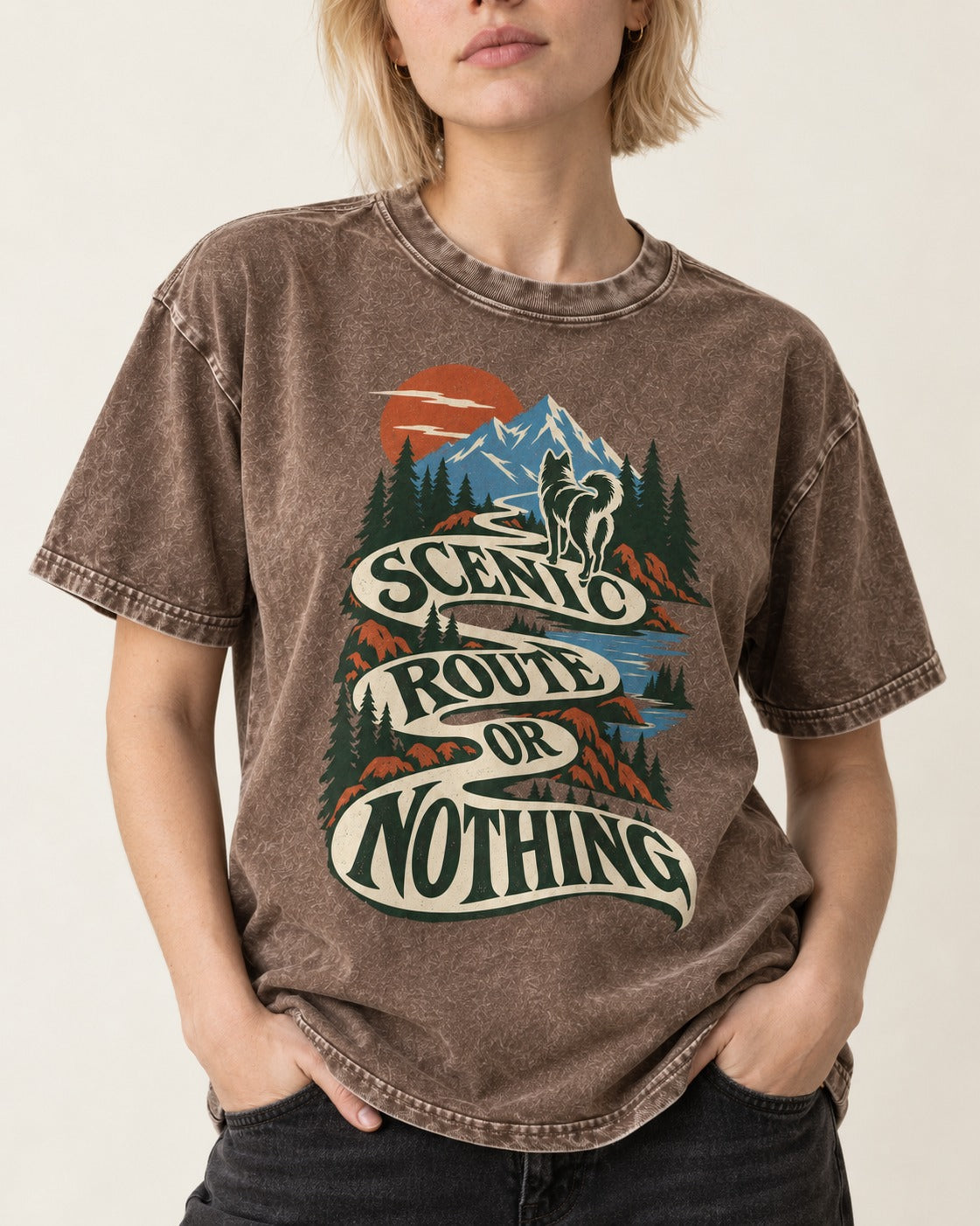 Husky Scenic Route or Nothing Washed Tee in Coffee, worn by a model, front view