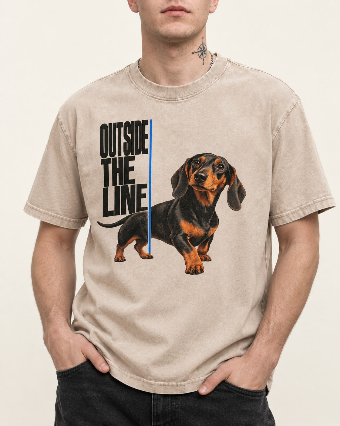 Dachshund Outside the Line Washed Tee in Apricot, worn by a model, front view
