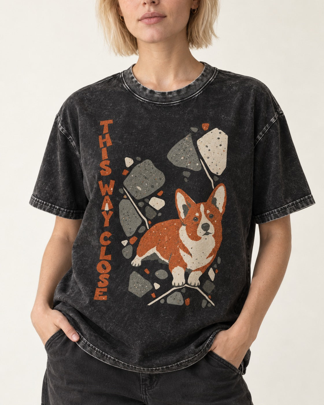 Corgi This Way Close Rubble Graphic Washed Tee in Black, worn by a model, front view