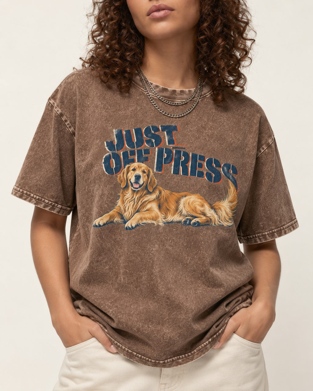 Golden Retriever Just Off Press Washed Tee in Coffee, worn by a model, front view