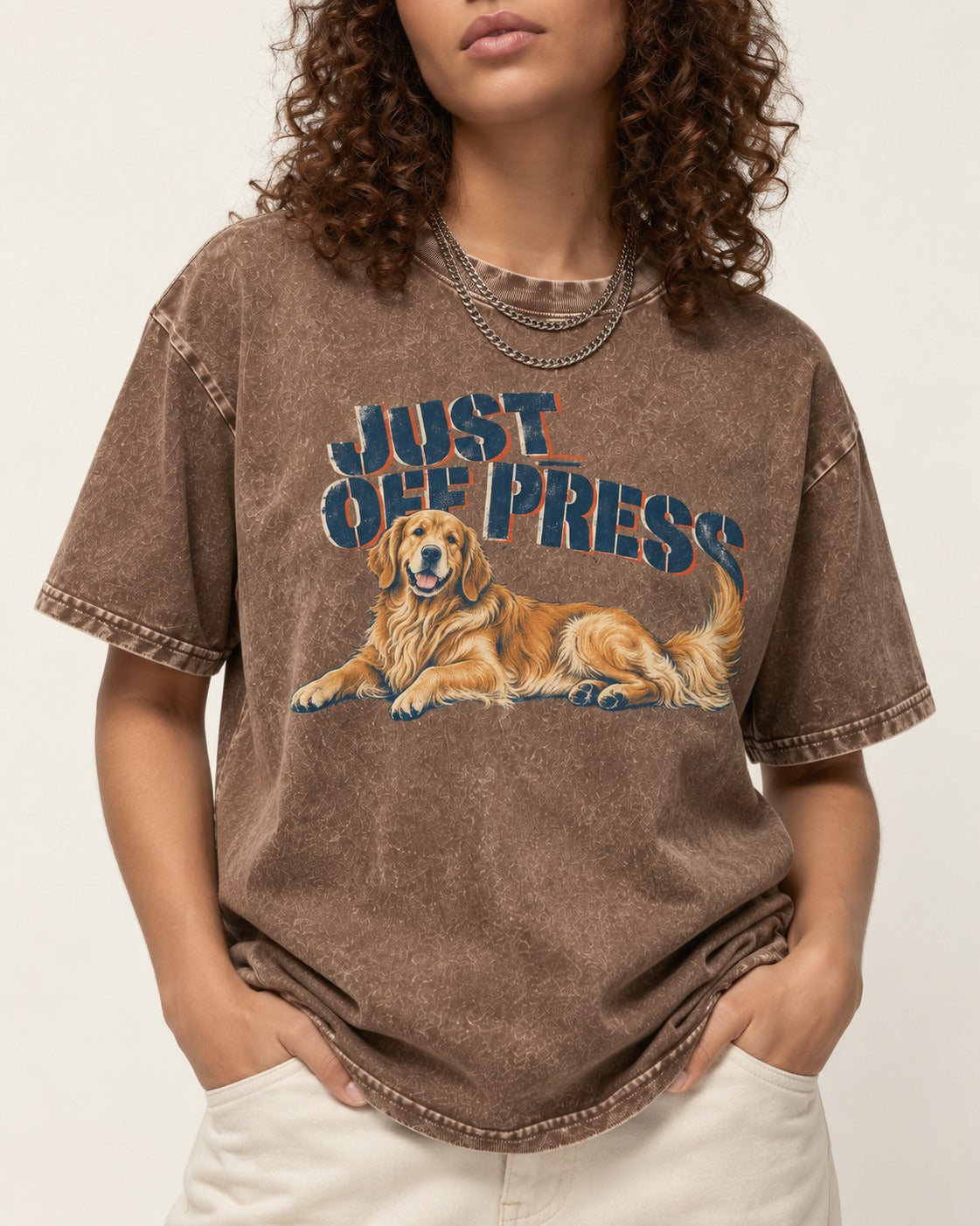 Golden Retriever Just Off Press Washed Tee in Coffee, worn by a model, front view