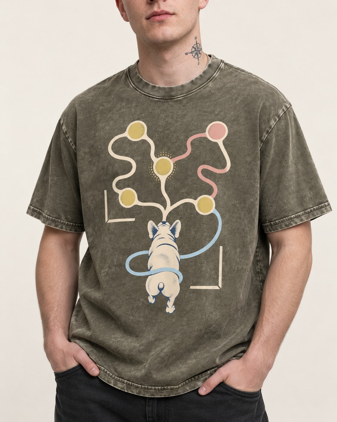 Frenchie Scent Circuit Rear View Graphic Washed Tee in Army Green, worn by a model, front view