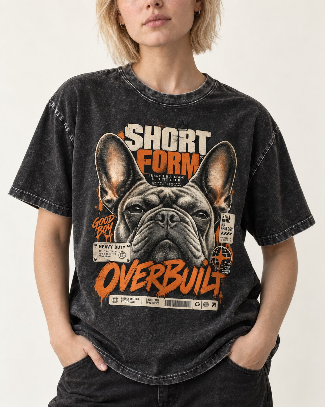 Frenchie Short Form Overbuilt Utility Club Poster Graphic Washed Tee in Black, worn by a model, front view