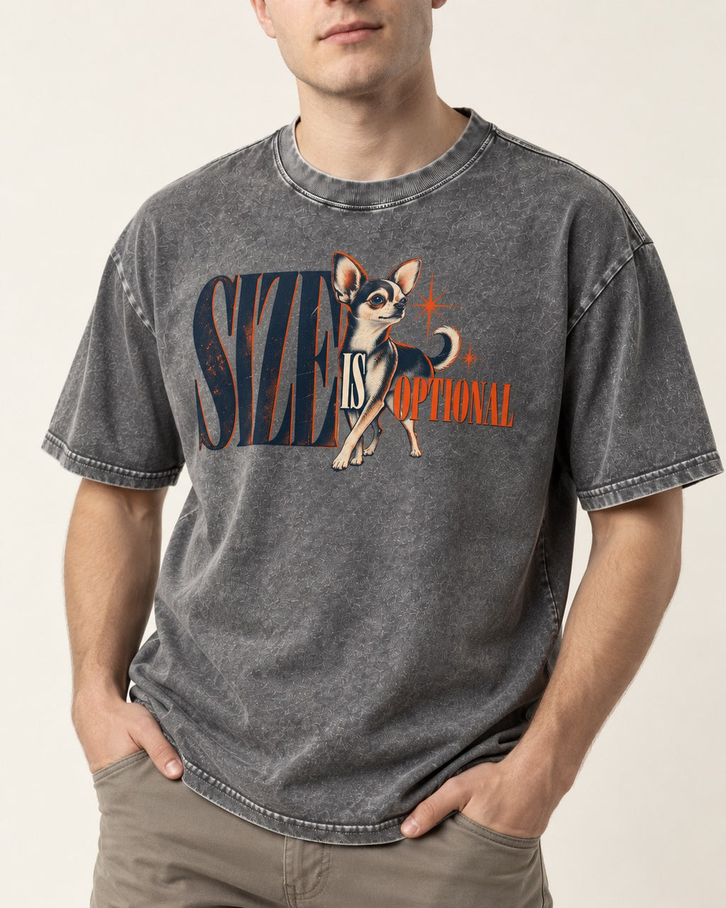 Chihuahua Size Is Optional Starburst Graphic Washed Tee in Gray, worn by a model, front view