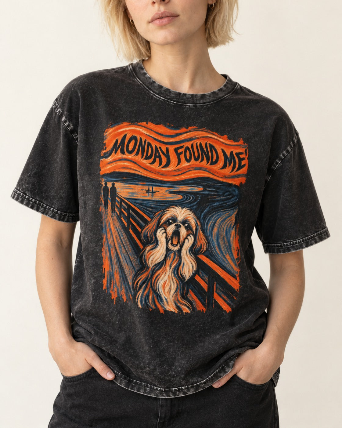 Shih Tzu Monday Found Me Scream Parody Graphic Washed Tee in Black, worn by a model, front view