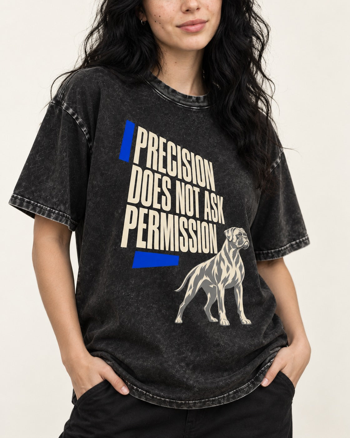 Precision Does Not Ask Permission Boxer Washed Tee in Black, worn by a model, front view