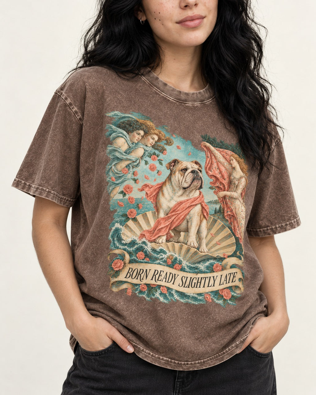 Born Ready Slightly Late English Bulldog Washed Tee in Coffee, worn by a model, front view