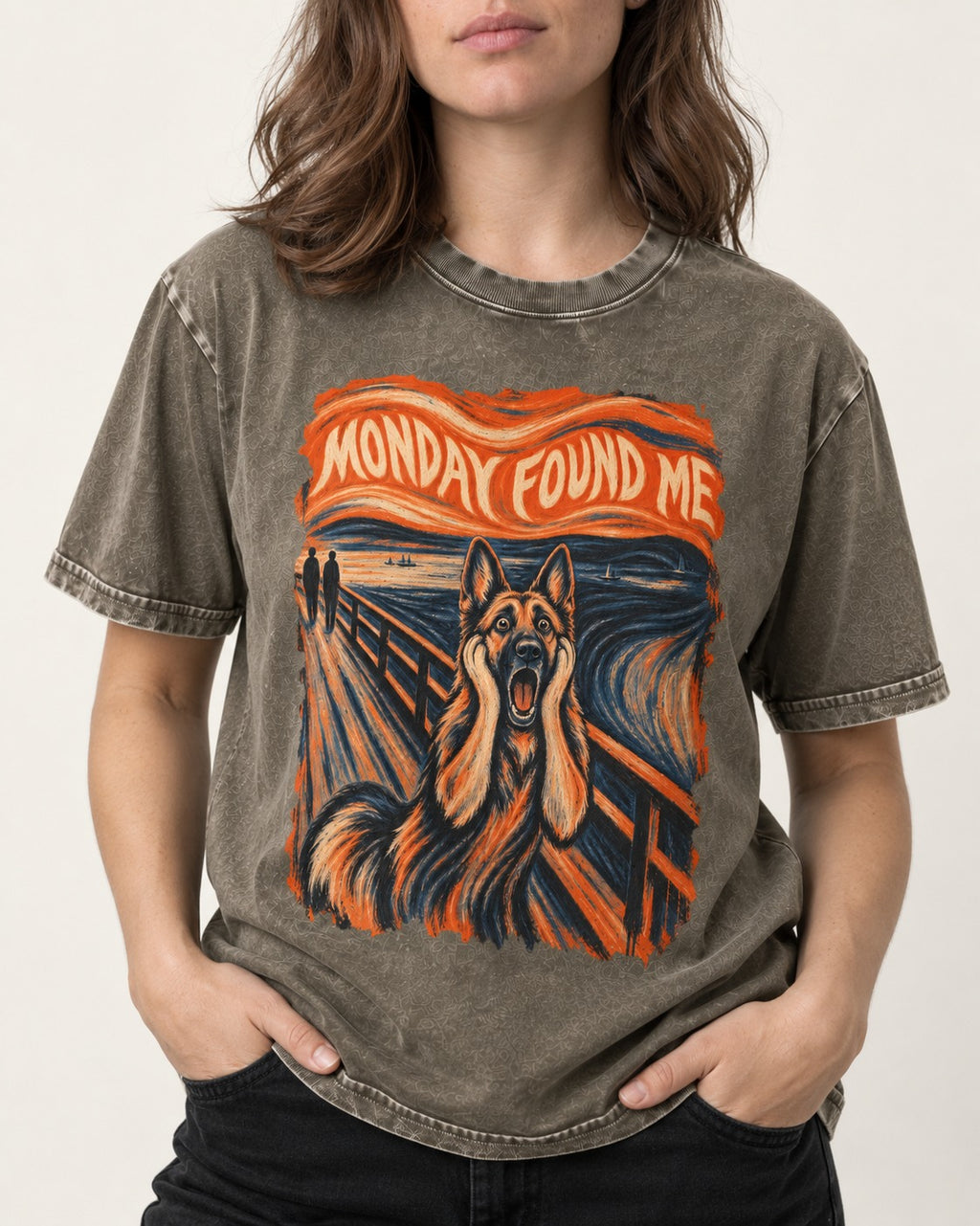 German Shepherd Dog Monday Found Me Scream Graphic Washed Tee in Army Green, worn by a model, front view