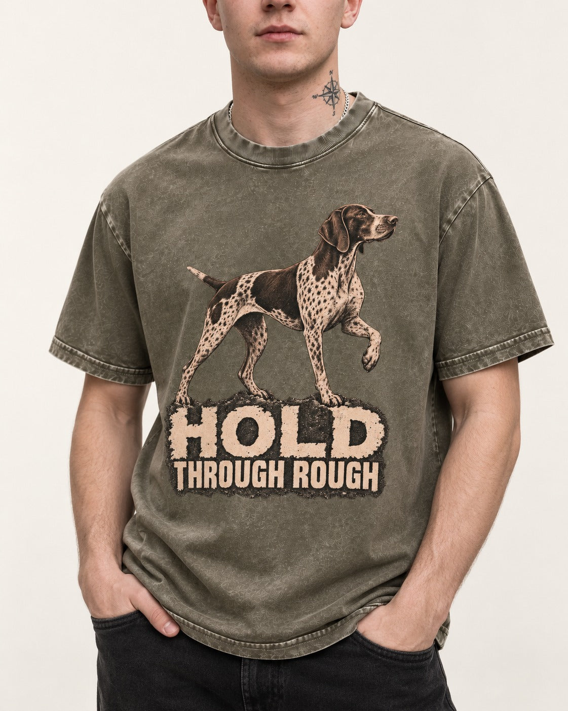 German Shorthaired Pointer Hold Through Rough Vintage Graphic Washed Tee in Army Green, worn by a model, front view