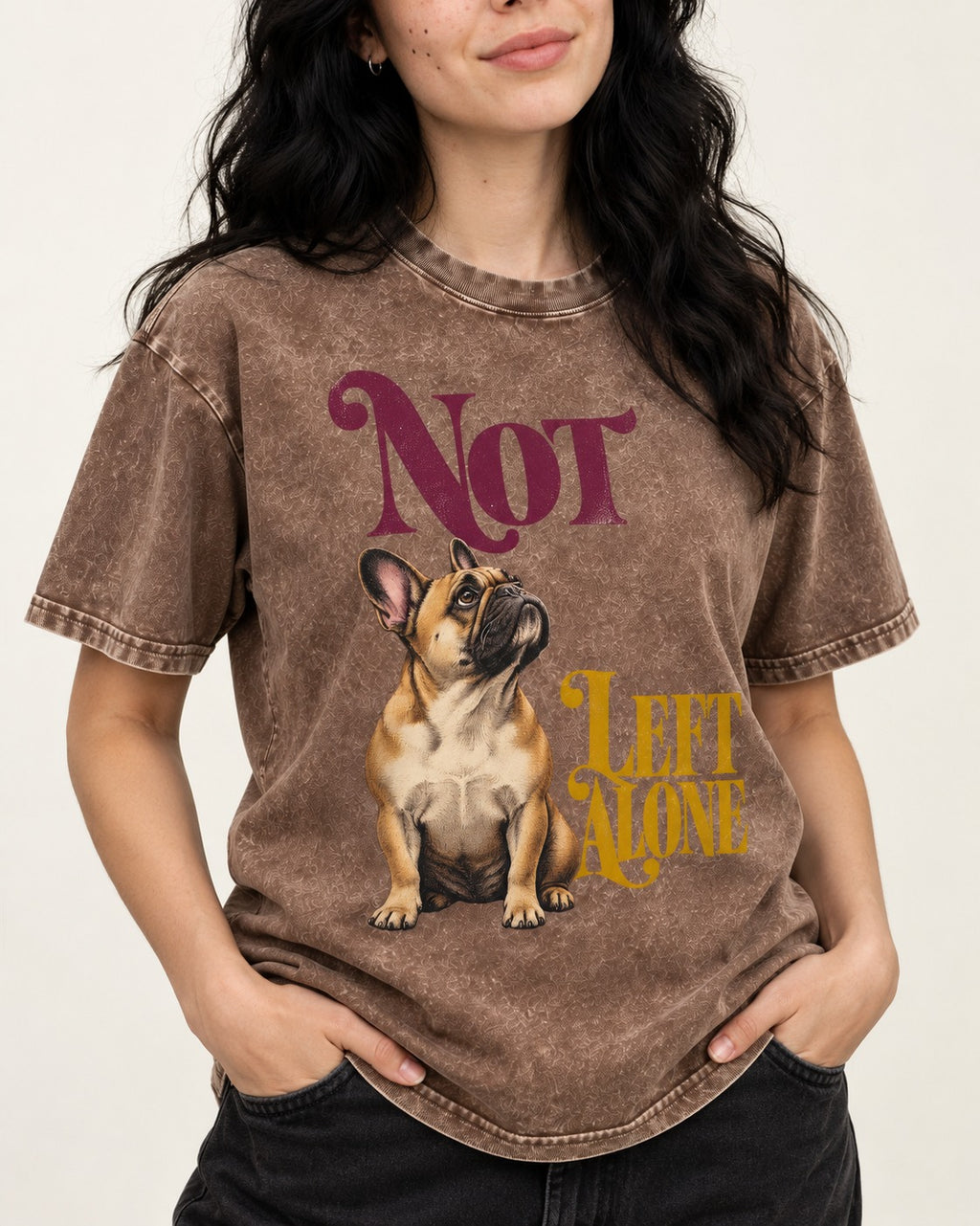 Frenchie Not Left Alone Washed Tee in Coffee, worn by a model, front view