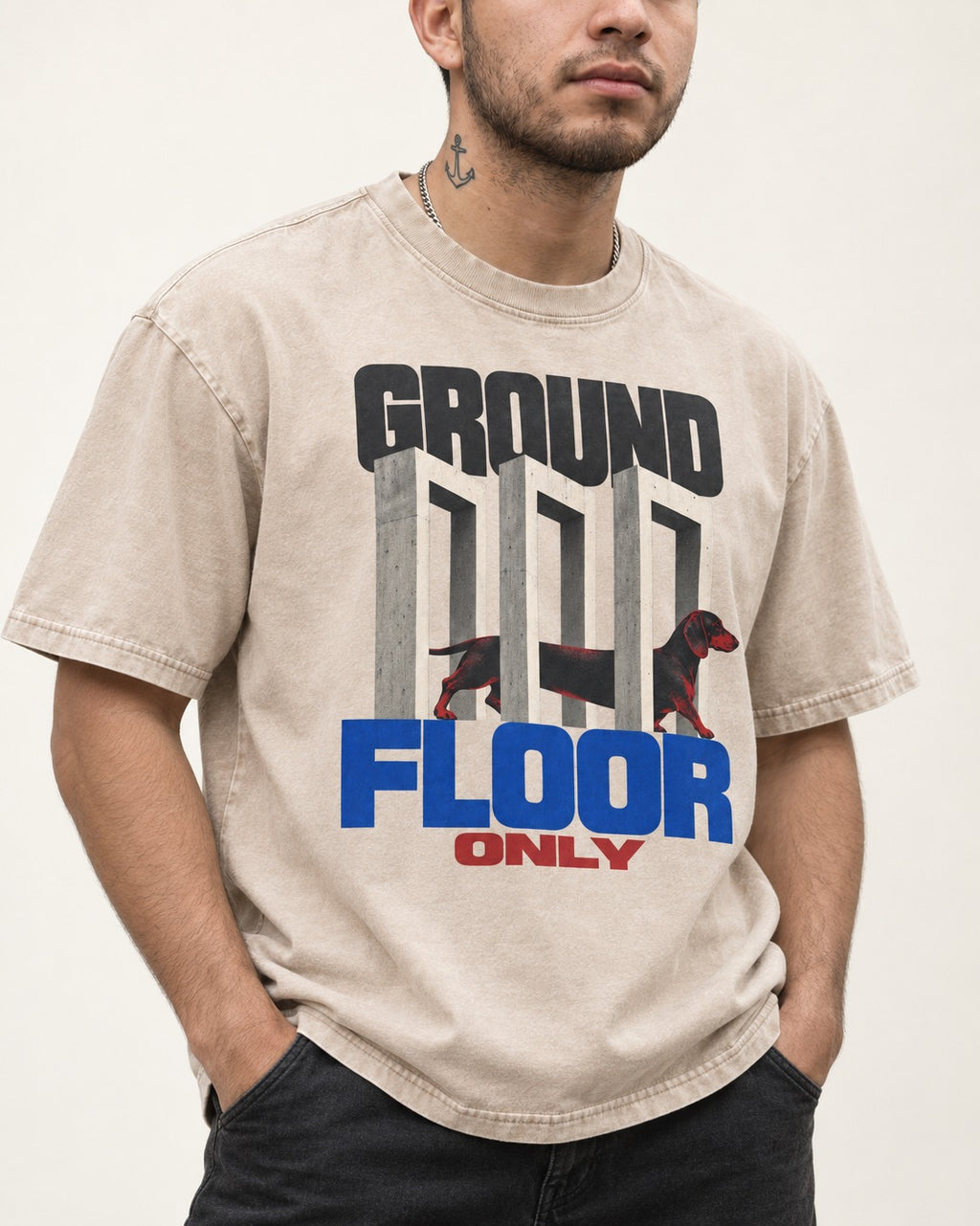 Ground Floor Only Dachshund Washed Tee in Apricot, worn by a model, front view