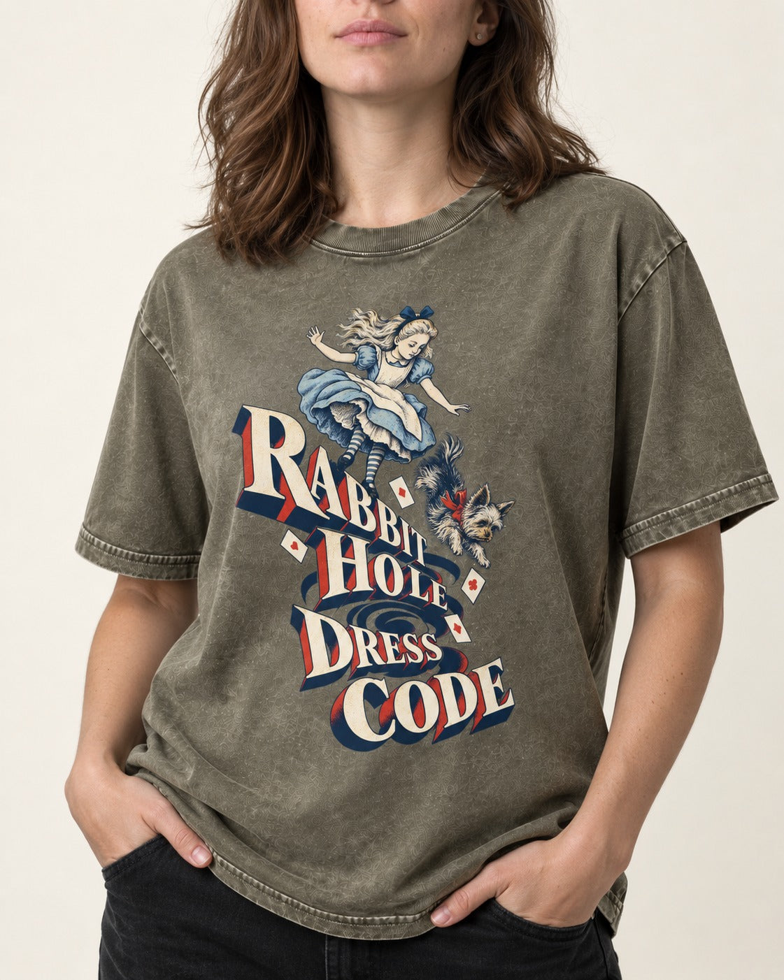Yorkshire Terrier Rabbit Hole Dress Code Wonderland Graphic Washed Tee in Army Green, worn by a model, front view