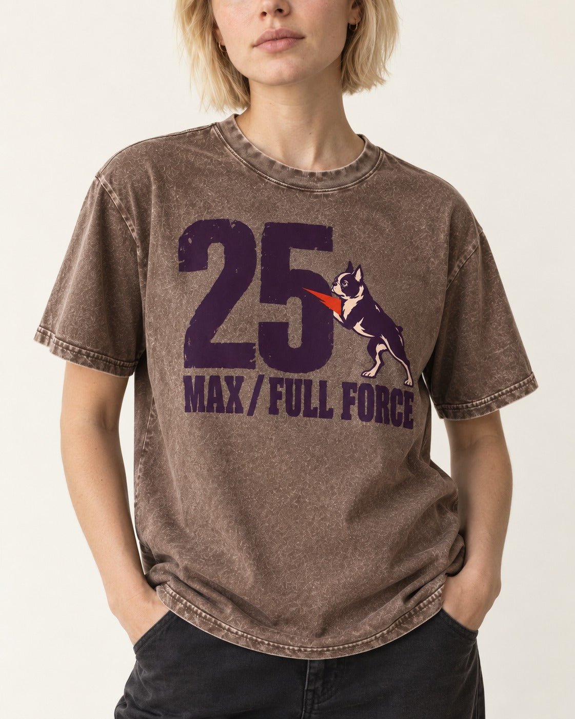 Boston Terrier Full Force Washed Tee in Coffee, worn by a model, front view