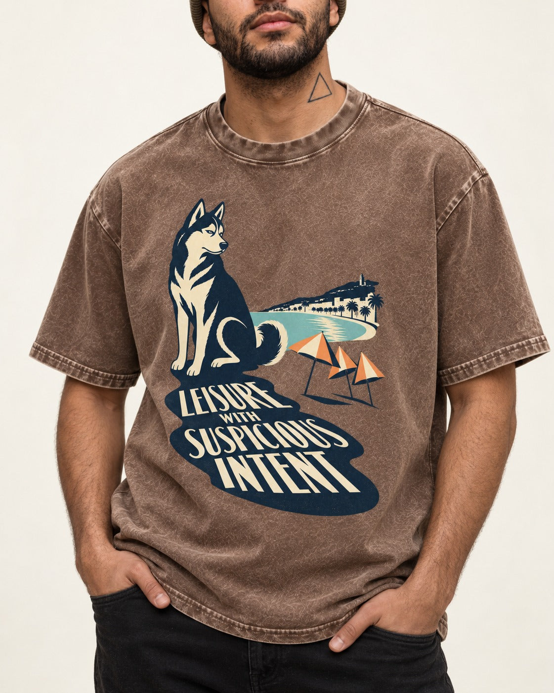 Husky Leisure with Suspicious Intent Washed Tee in Coffee, worn by a model, front view