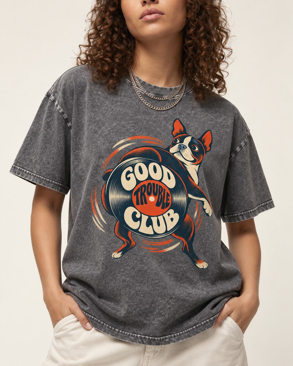 Good Trouble Club Boston Terrier Washed Tee in Gray, worn by a model, front view