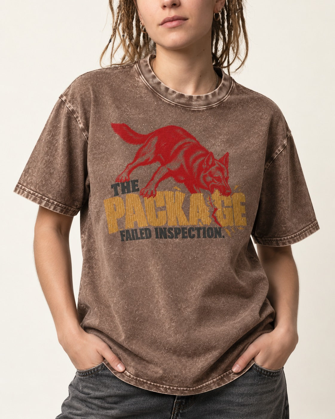 The Package Failed Inspection German Shepherd Dog Washed Tee in Coffee, worn by a model, front view