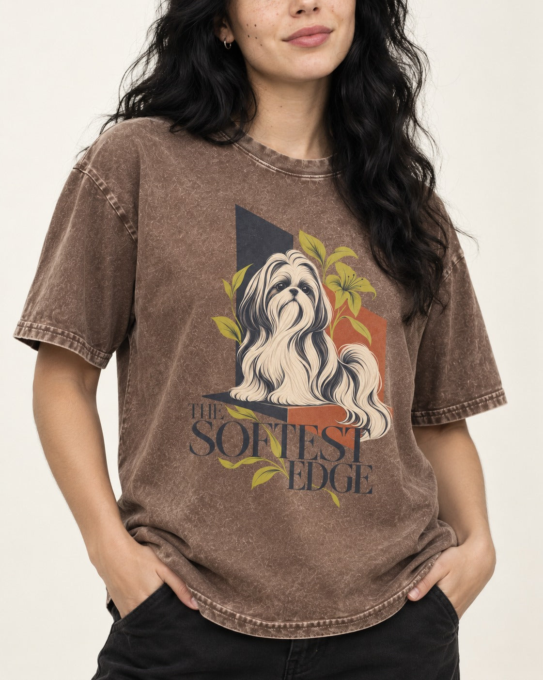 Shih Tzu The Softest Edge Washed Tee in Coffee, worn by a model, front view