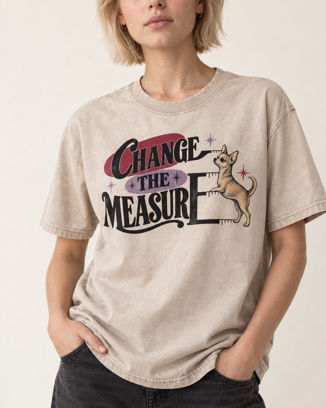 Change the Measure Chihuahua Washed Tee in Apricot, worn by a model, front view