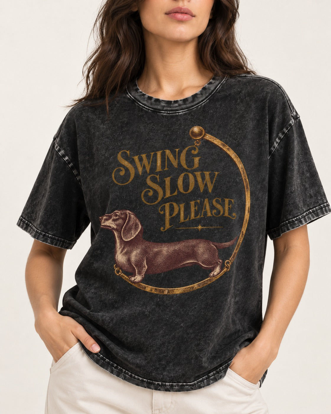 Dachshund Swing Slow Please Necklace Frame Graphic Washed Tee in Black, worn by a model, front view