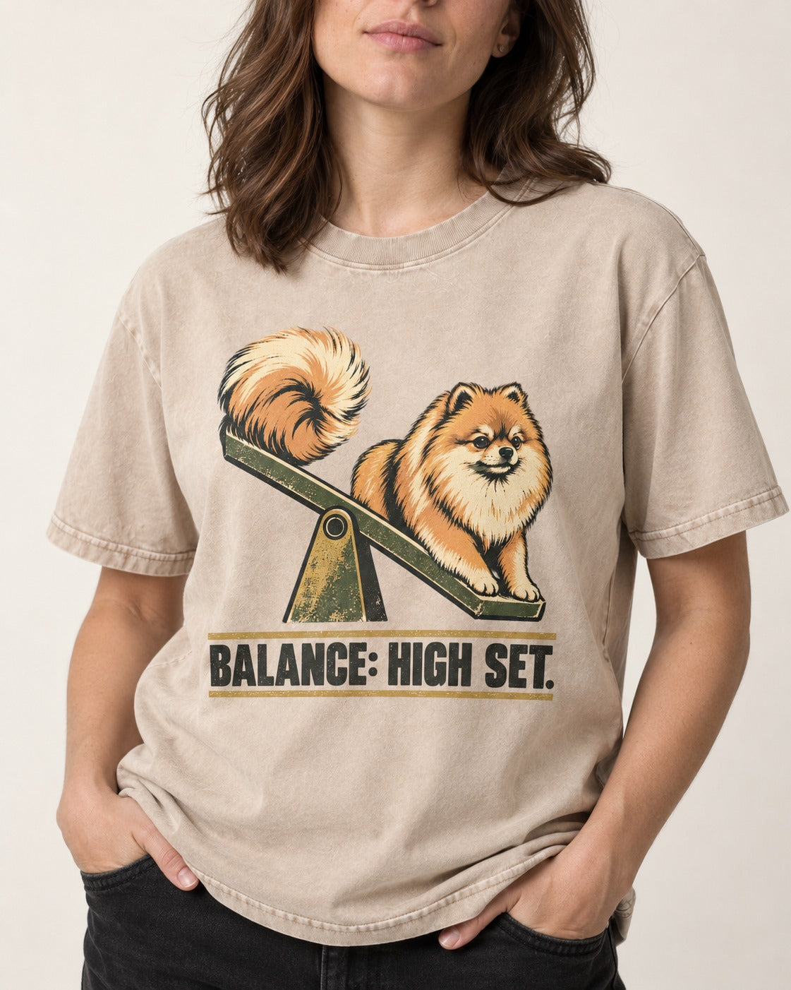 Pomeranian Balance High Set Washed Tee in Apricot, worn by a model, front view