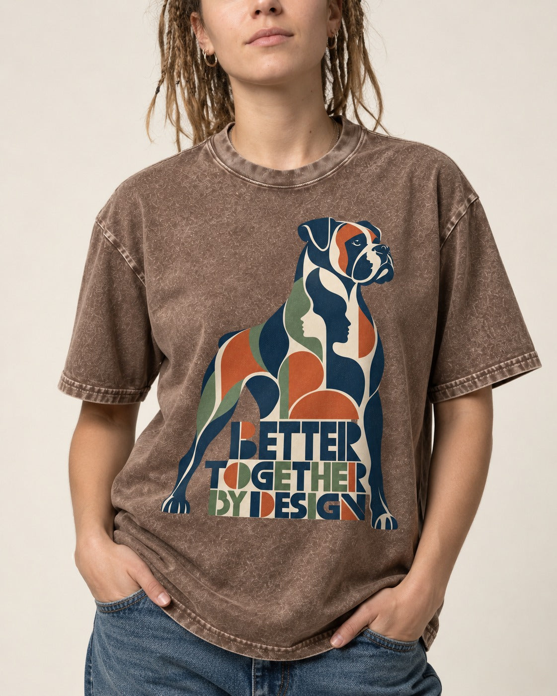 Better Together By Design Boxer Geometric Mosaic Washed Tee in Coffee, worn by a model, front view