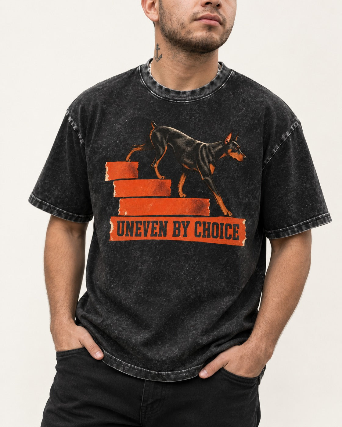 Doberman Uneven by Choice Stair Graphic Washed Tee in Black, worn by a model, front view